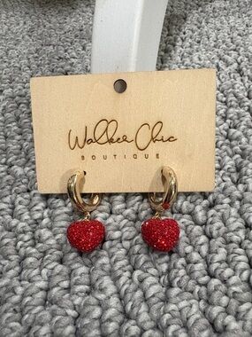 Gold Hoop Earrings with Red Glitter Heart Drops